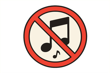 No music sign. Sound off icon. Forbidden audio symbol. Keep silence pictogram. Quiet zone warning concept. Vector illustration for web, apps, and print. Mute button.