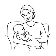 Black and White Vector Illustration of a Beautiful Mother Caring for Child in Minimalist Line Art Style