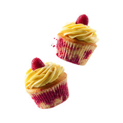 Colorful raspberry cupcakes with yellow and pink swirl frosting isolated on white, sweet bakery dessert with fruit topping and frosting for celebration