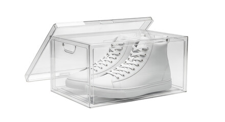 Clear acrylic box with white high top sneaker isolated on transparent background