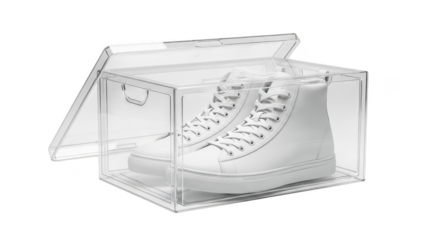 Clear acrylic box with white high top sneaker isolated on transparent background