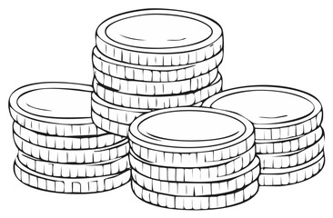Black and white illustration of money coins in piles for banking or finance concepts