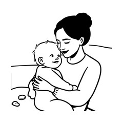 Black and White Vector Illustration of a Beautiful Mother Caring for Child in Minimalist Line Art Style