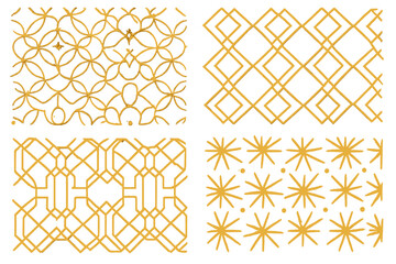 Luxury gold geometric seamless pattern set. Elegant abstract art deco, arabesque and star ornaments. Vector collection for wallpaper, fabric, background and decor design.