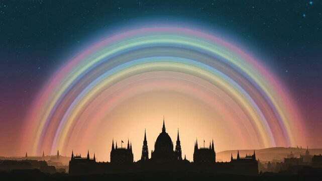 A rainbow is over a city with a large cathedral in the middle. Rainbow light overlay across generic Budapest skyline silhouette including Parliament dome, pride minimal conceptual muted