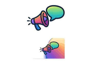 Megaphone with speech bubble logo icon. Vector cartoon illustration for communication, marketing, or advertising. Promotion, announcement, and social media concept design.
