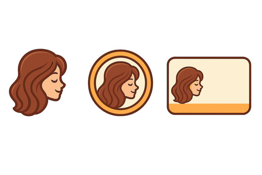 Woman head logo and business card template. Vector branding identity set for beauty salon, hairdresser, or spa. Female profile character icon. Feminine hairstyle emblem.