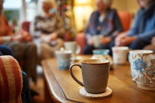A group of people sitting in armchairs around a low table. Their mugs rest on coasters nearby