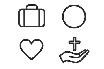Fototapeta premium Line icon bundle of suitcase, heart, cross on hand. Minimalist outline symbols for business, travel, love, faith, web design, apps. Vector graphic element collection.