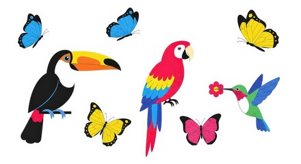 Obraz premium Vibrant vector illustration set showcasing colorful tropical birds and graceful butterflies, including a toucan, parrot, and hummingbird for nature-themed designs