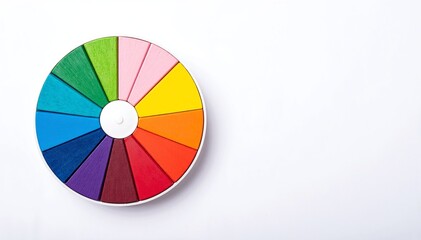 Obraz premium A vibrant, multi-colored wooden wheel rests against a clean white background, showcasing intricate patterns and textures that highlight its craftsmanship.