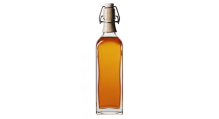 Tall glass bottle with amber liquid isolated on transparent background
