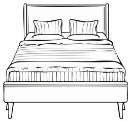 Simple black and white line drawing of a double bed with headboard, pillows, and comforter