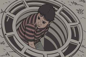 Joyful young boy enthusiastically climbs through a large open circular portal with a sense of adventure