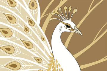 Elegant 3d render of a majestic white peacock adorned with intricate golden embellishments and vibrant plumage