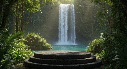 Empty stone product display podium in a serene, sunlit jungle setting with a cascading waterfall