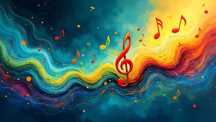 Colorful abstract sound waves and music notes floating in space, curvy flowing shapes, energy and rhythm visualized in a lively and modern style.