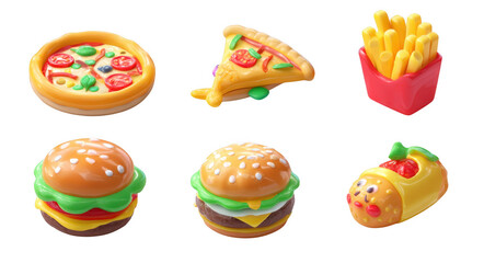 Delightful fast food toy set featuring pizza, burger, fries, and dessert. Perfect for imaginative play and enhancing creativity in children