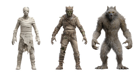 Render of three characters mummy, zombie, and werewolf, showcasing unique designs and details. Each character embodies distinct horror theme, perfect for Halloween or fantasy settings
