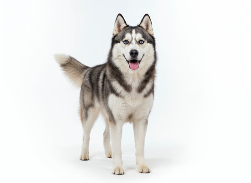 Siberian Husky, full grown, cheerful, studio lighting, shiny eyes and fur, 100% full body shot.