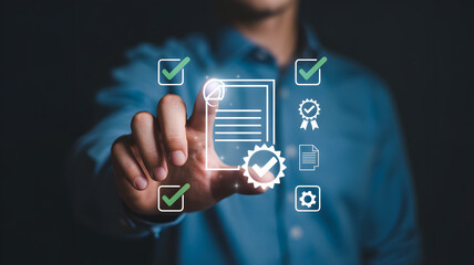 Man selecting quality assurance document management with checklist icons online