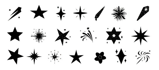 Black vector star icons collection featuring various designs, including stars with decorative elements and sparkles, perfect for graphic design projects