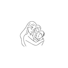 Black and White Vector Illustration of a Beautiful Mother Caring for Child in Minimalist Line Art Style