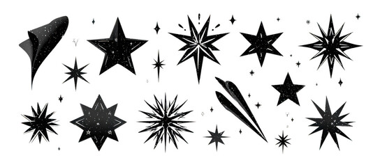 Black vector star icons collection featuring various star shapes and designs, perfect for decorative purposes. These unique star illustrations add whimsical touch to any project