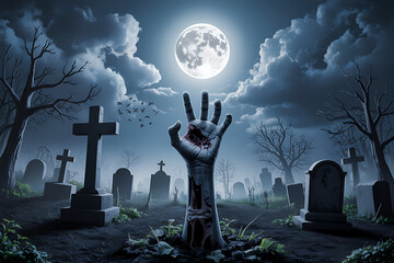Halloween Zombie hand in Graveyard, Scary halloween isolated background.