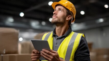 Warehouse manager analyzing inventory data industrial warehouse digital content indoor environment professional viewpoint logistics concepts - Powered by Adobe