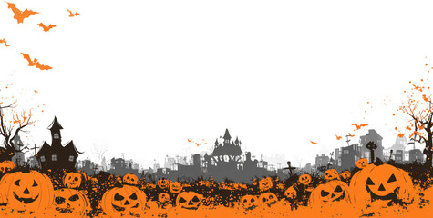 Spooky Halloween background featuring scary pumpkins, bats, and haunted town silhouette, creating eerie atmosphere perfect for festive celebrations