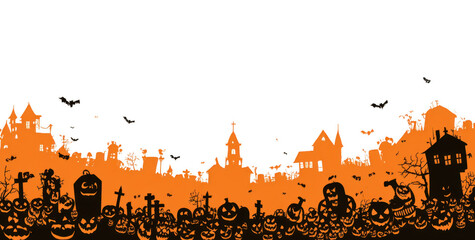 Spooky Halloween background featuring silhouette of haunted town with scary pumpkins, bats, and eerie trees, creating festive yet chilling atmosphere