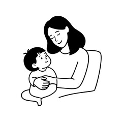 Black and White Vector Illustration of a Beautiful Mother Caring for Child in Minimalist Line Art Style