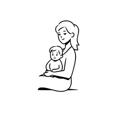 Black and White Vector Illustration of a Beautiful Mother Caring for Child in Minimalist Line Art Style