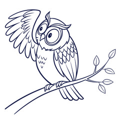 A cute cartoon owl with big eyes and spread wings perched on a tree branch with leaves in a simple line art style