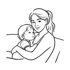 Black and White Vector Illustration of a Beautiful Mother Caring for Child in Minimalist Line Art Style