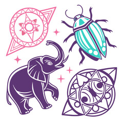 A whimsical collection of stylized graphic elements featuring a purple elephant a turquoise and purple beetle and two intricate geometric mandalas with pink and purple accents and sparkling stars