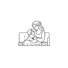Black and White Vector Illustration of a Beautiful Mother Caring for Child in Minimalist Line Art Style