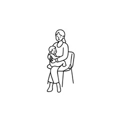 Black and White Vector Illustration of a Beautiful Mother Caring for Child in Minimalist Line Art Style