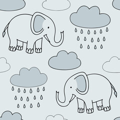 Cute seamless pattern with two happy elephants and rain clouds on a light blue background perfect for children s designs
