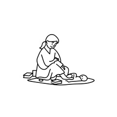 Black and White Vector Illustration of a Beautiful Mother Caring for Child in Minimalist Line Art Style