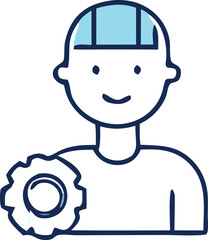 Simple icon of a person wearing a hard hat with a gear symbol representing engineering or maintenance industry profession