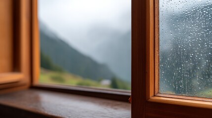 Rainy Window Shots with Moody Atmosphere, A cozy window view with raindrops, showcasing a blurred green landscape and mountains in the background.