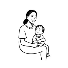 Black and White Vector Illustration of a Beautiful Mother Caring for Child in Minimalist Line Art Style