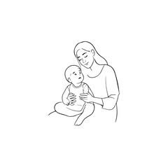 Black and White Vector Illustration of a Beautiful Mother Caring for Child in Minimalist Line Art Style