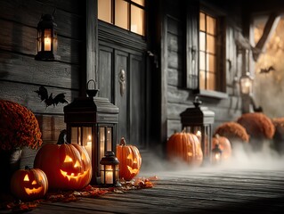 Halloween porch decoration with lanterns, pumpkins and fog machine, perfect for spooky atmosphere, party setup and outdoor festive design