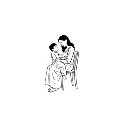 Black and White Vector Illustration of a Beautiful Mother Caring for Child in Minimalist Line Art Style