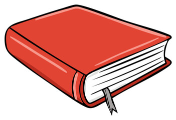 Bright red hardcover book with a grey ribbon bookmark shown from an angle