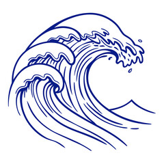 Stylized illustration of a powerful crashing blue wave with foam and spray against a white background evoking motion and nature s force