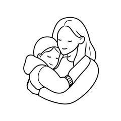 Black and White Vector Illustration of a Beautiful Mother Caring for Child in Minimalist Line Art Style